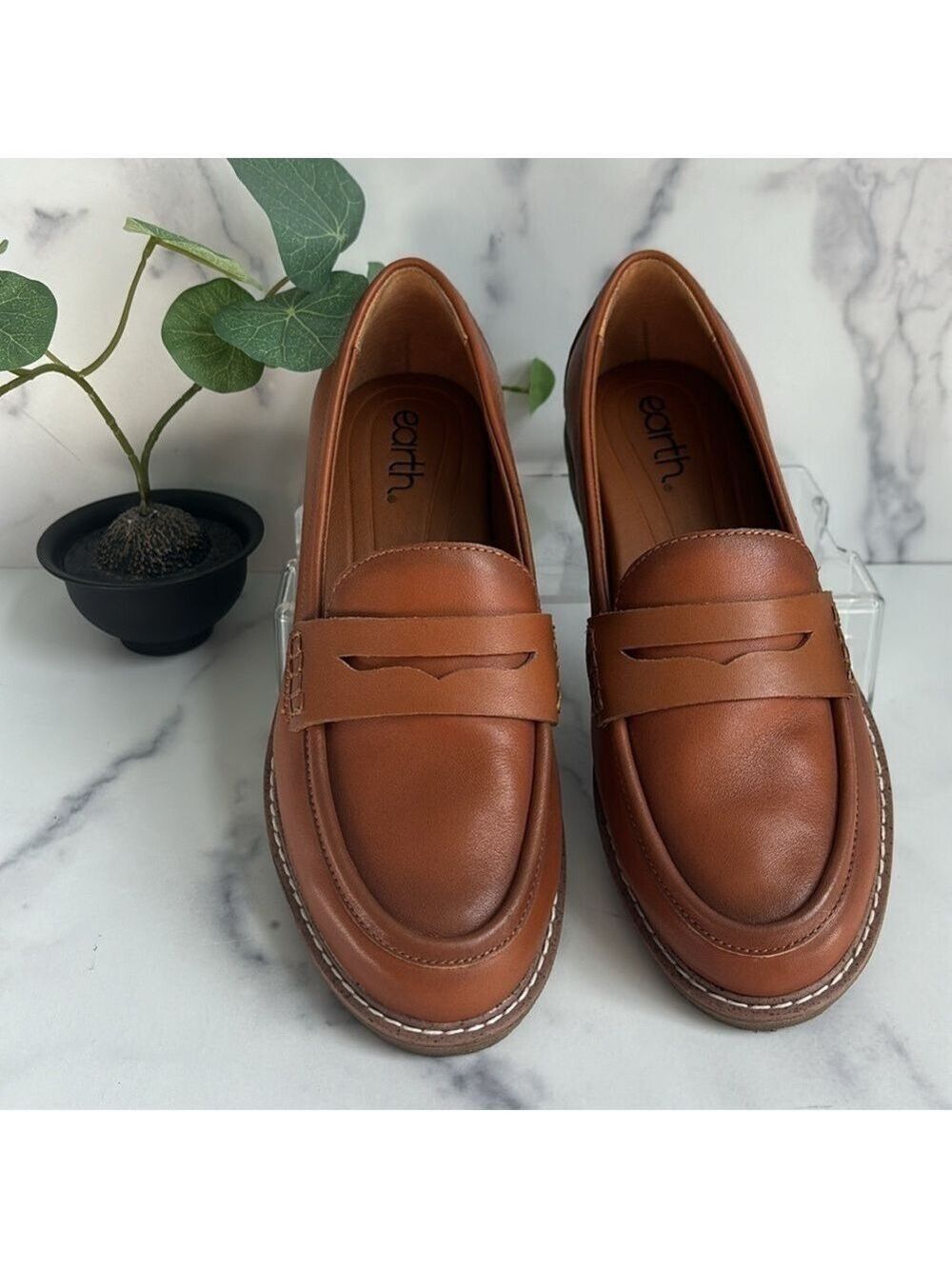 Earth Jarvas Med Brown Round Toe Casual Slip on Penny Loafers Size 7W